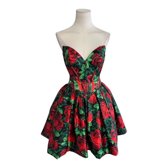 SHERRI HILL Red Floral Dress Mini Strapless Prom Pageant Size 0 Roses Full XS - Picture 4 of 12